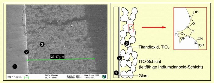 TiO2-Photoelektrode: REM-Aufname und schematische Darstellung TiO2-Photoelektrode: REM-Aufname und schematische Darstellung